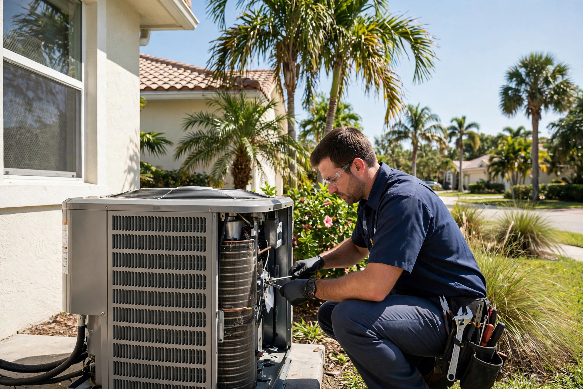 HVAC technician diagnosing an outdoor AC condenser at a Marco Island, Florida home