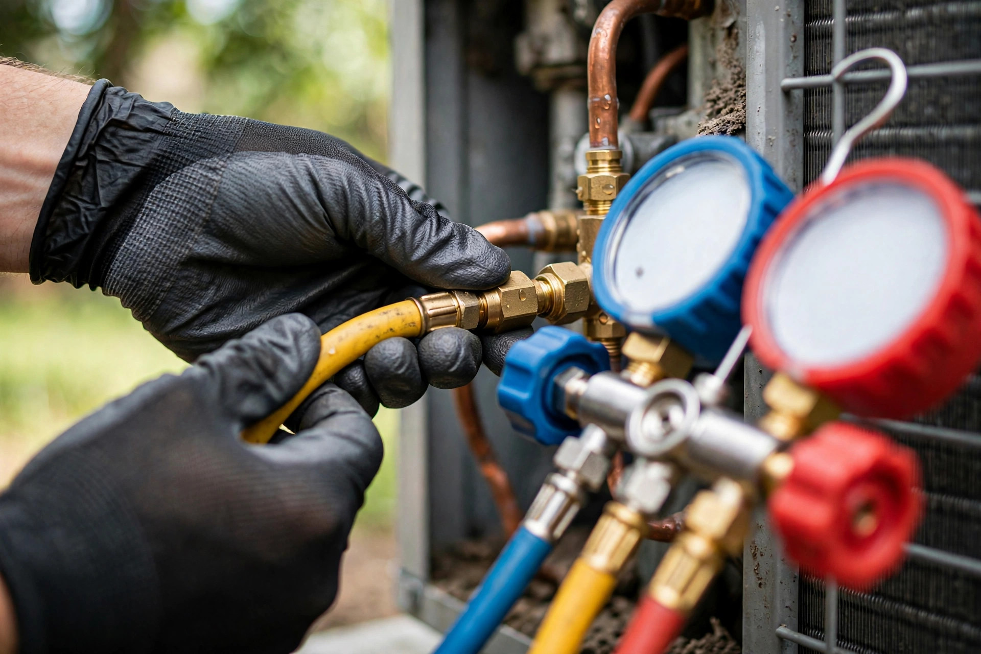 Close-up of a technician connecting refrigerant manifold gauges during an AC diagnostic