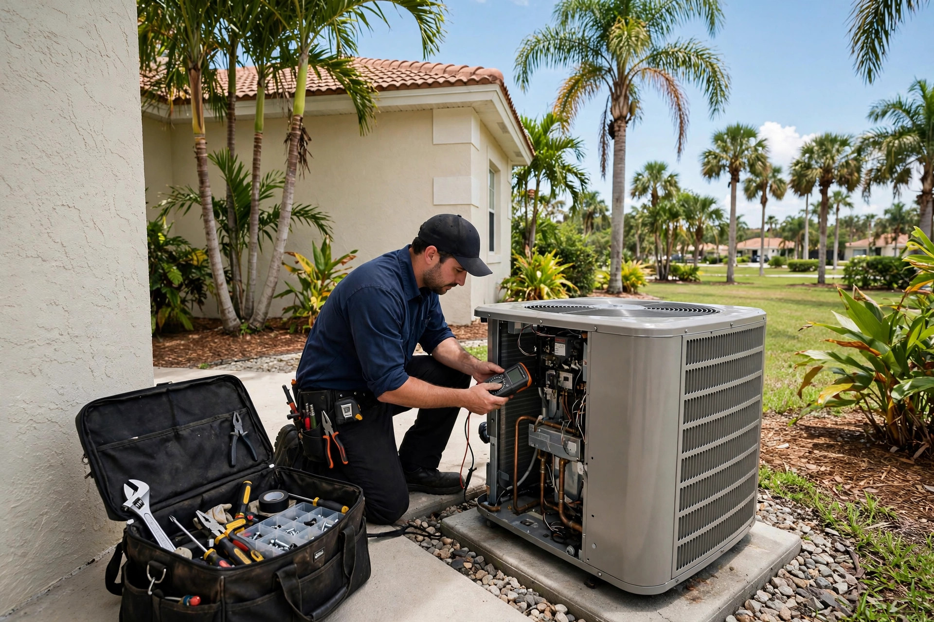 HVAC technician with tool bag testing electrical components of an outdoor AC unit at a Florida home